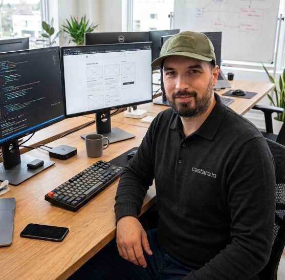 Marcel Bessen an seinem Schreibtisch, mit Code und einem Wireframe auf den Monitoren